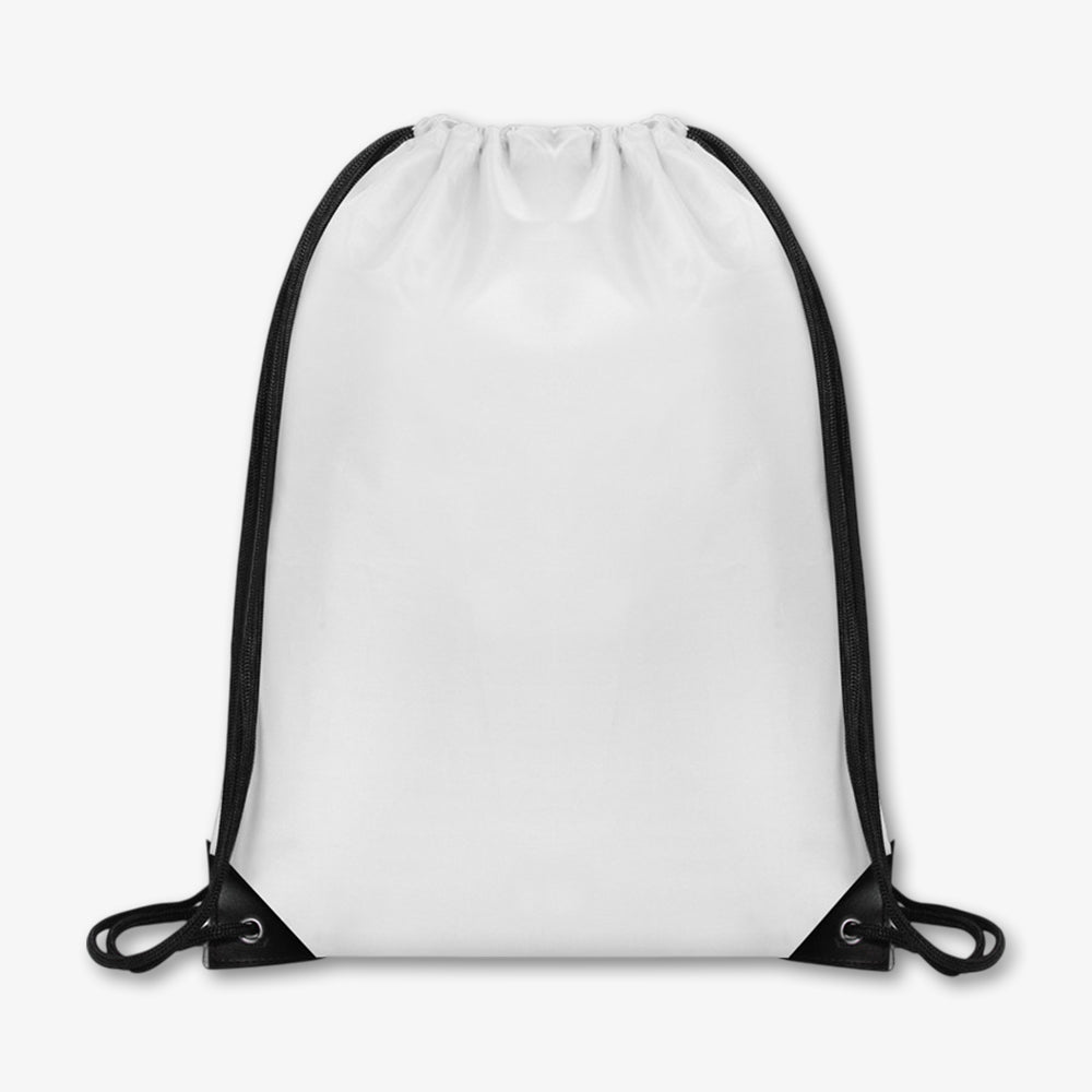 Polyester drawstring bag, blank white with black durable straps, plain lightweight casual backpack sack