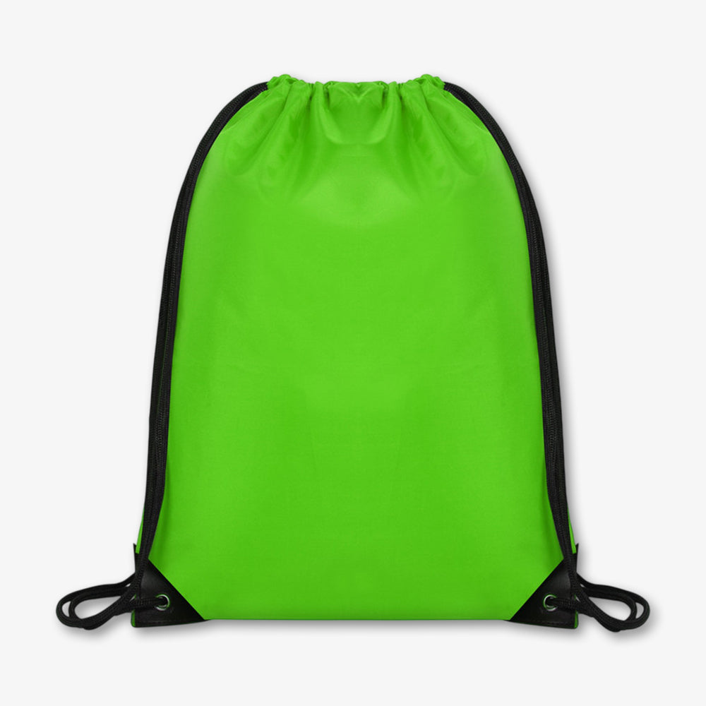 Bright lime green polyester drawstring bag with black trim and sturdy drawstring straps, plain unprinted blank surface