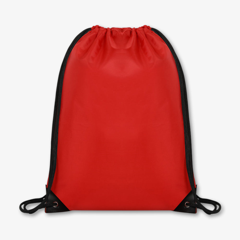 Red polyester drawstring bag with black trim and black drawcord straps, plain unprinted blank design