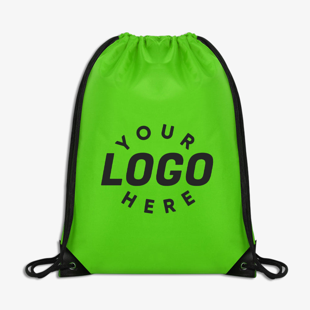 Polyester drawstring bag in bright green, with black drawstrings and custom logo print placeholder