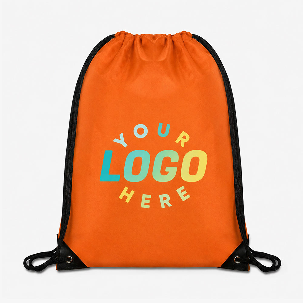 Polyester drawstring bag in bright orange with black trim, customizable to add your own brand logo