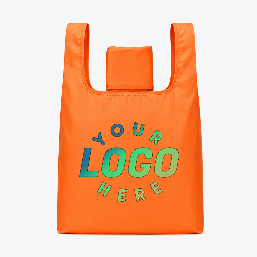 Bright orange custom logo polyester foldable tote bag with integrated compact storage pouch