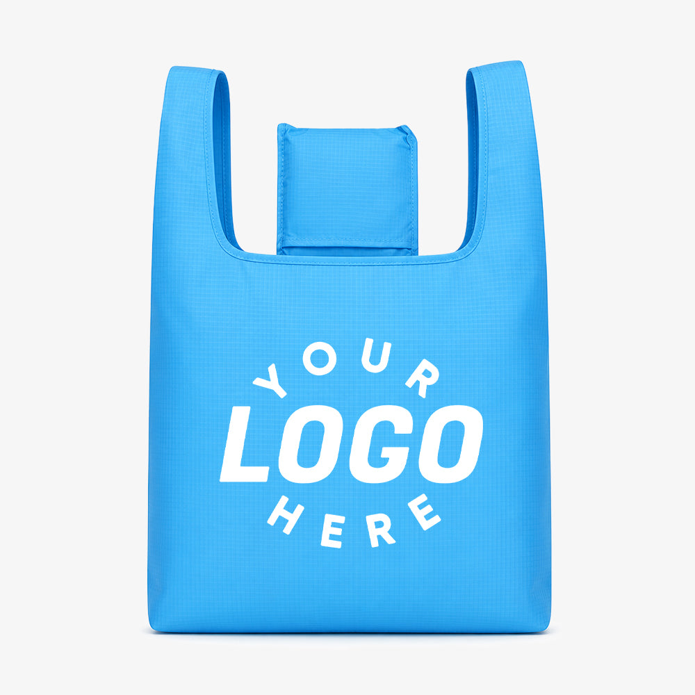 Polyester Foldable Bag, bright blue custom logo printable reusable shopping tote with attached compact folding pouch