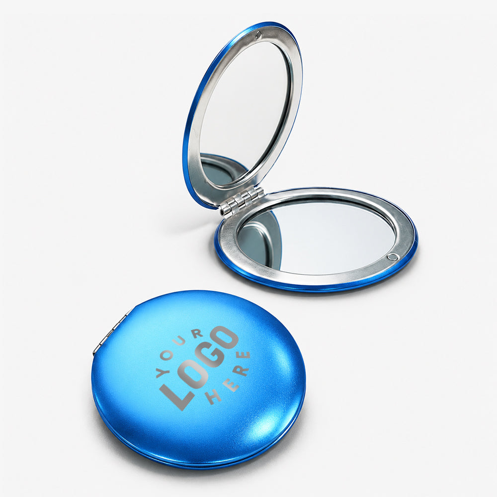 Compact aluminum folding mirror in vibrant blue with dual reflective surfaces and a hinged design