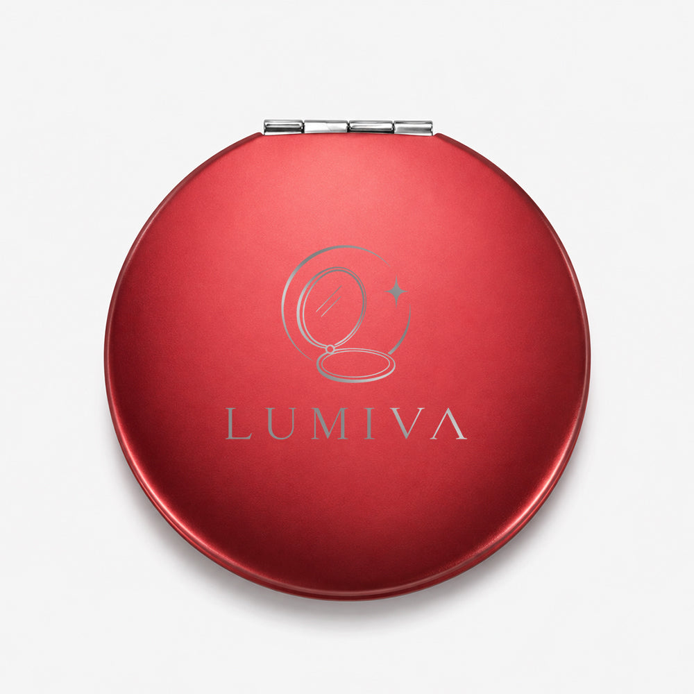 Compact red aluminum folding mirror with silver hinge and subtle engraved design