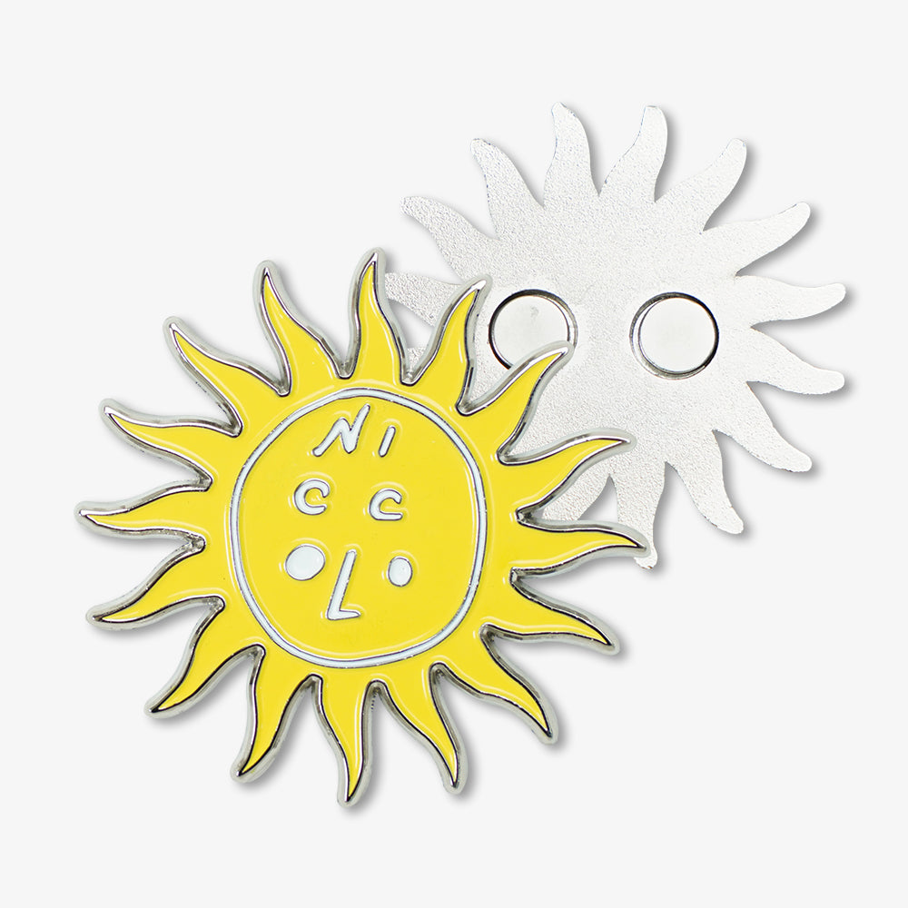 Premium metal sun-shaped fridge magnet, bright yellow enamel front with custom lettering and silver magnetic back
