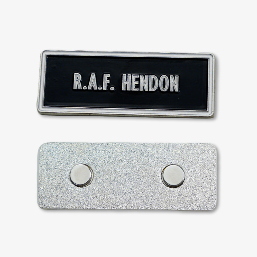 Premium metal fridge magnet engraved with R.A.F. HENDON, showing its front enamel face and magnetic back side