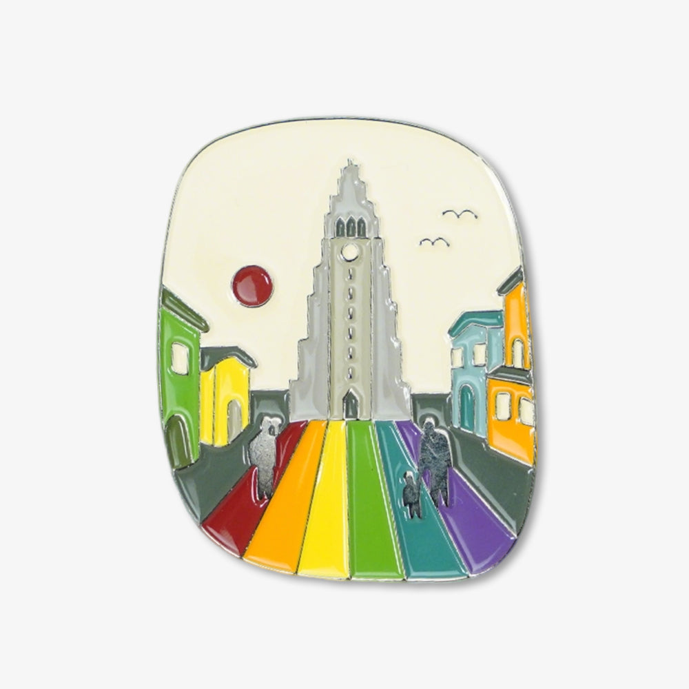 Premium metal fridge magnet, colorful enamel design of city landmark and rainbow pedestrian street