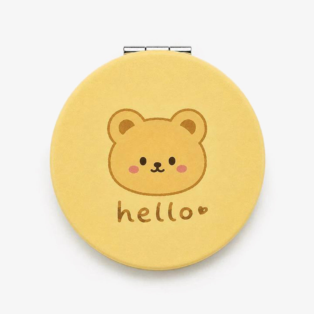 Round yellow PU leather compact mirror with bear face design and engraved hello text