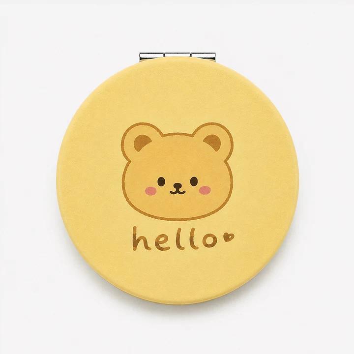 Round yellow PU leather compact mirror with a bear face and hello text design