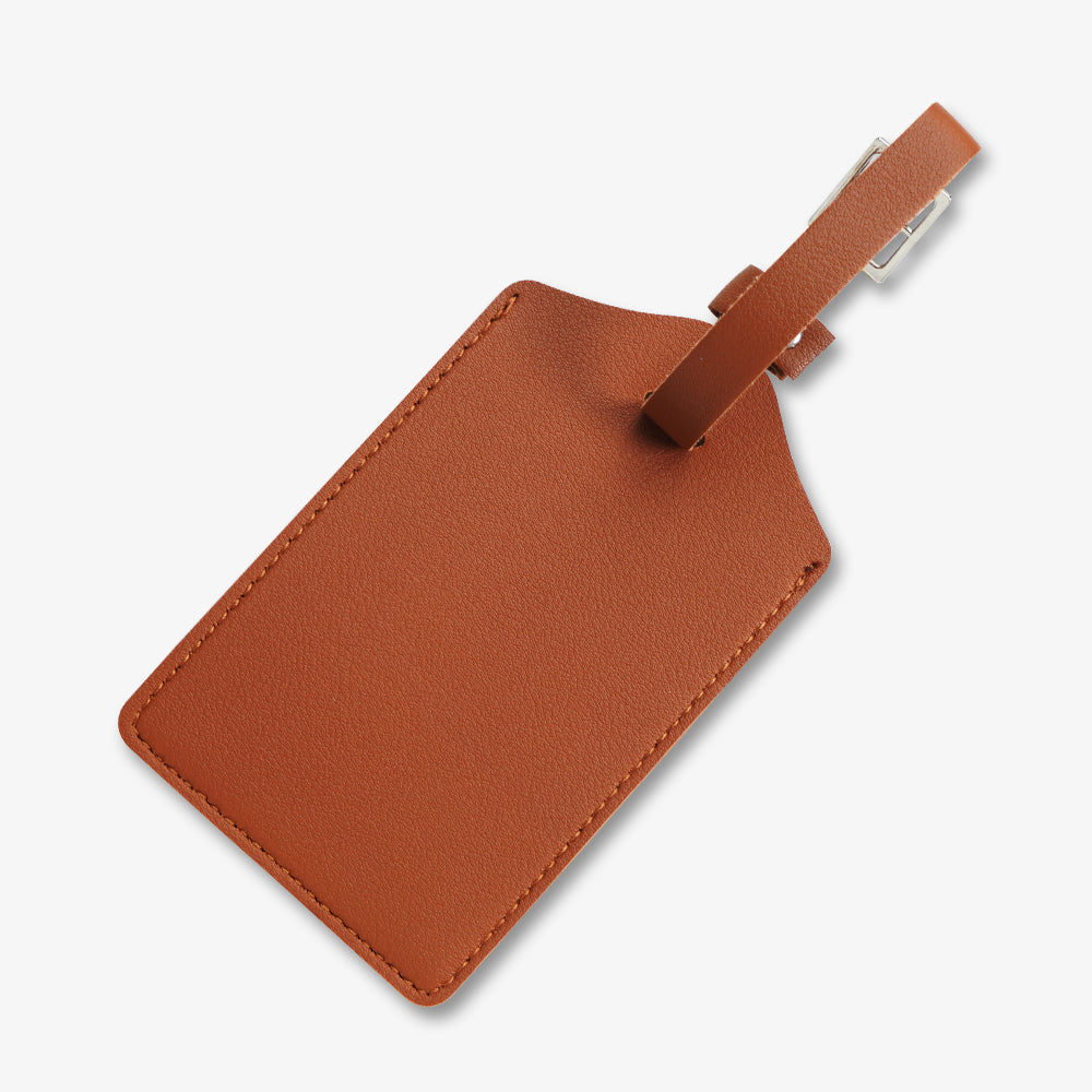 Brown PU leather luggage tag with fine edge stitching and adjustable metal buckle strap