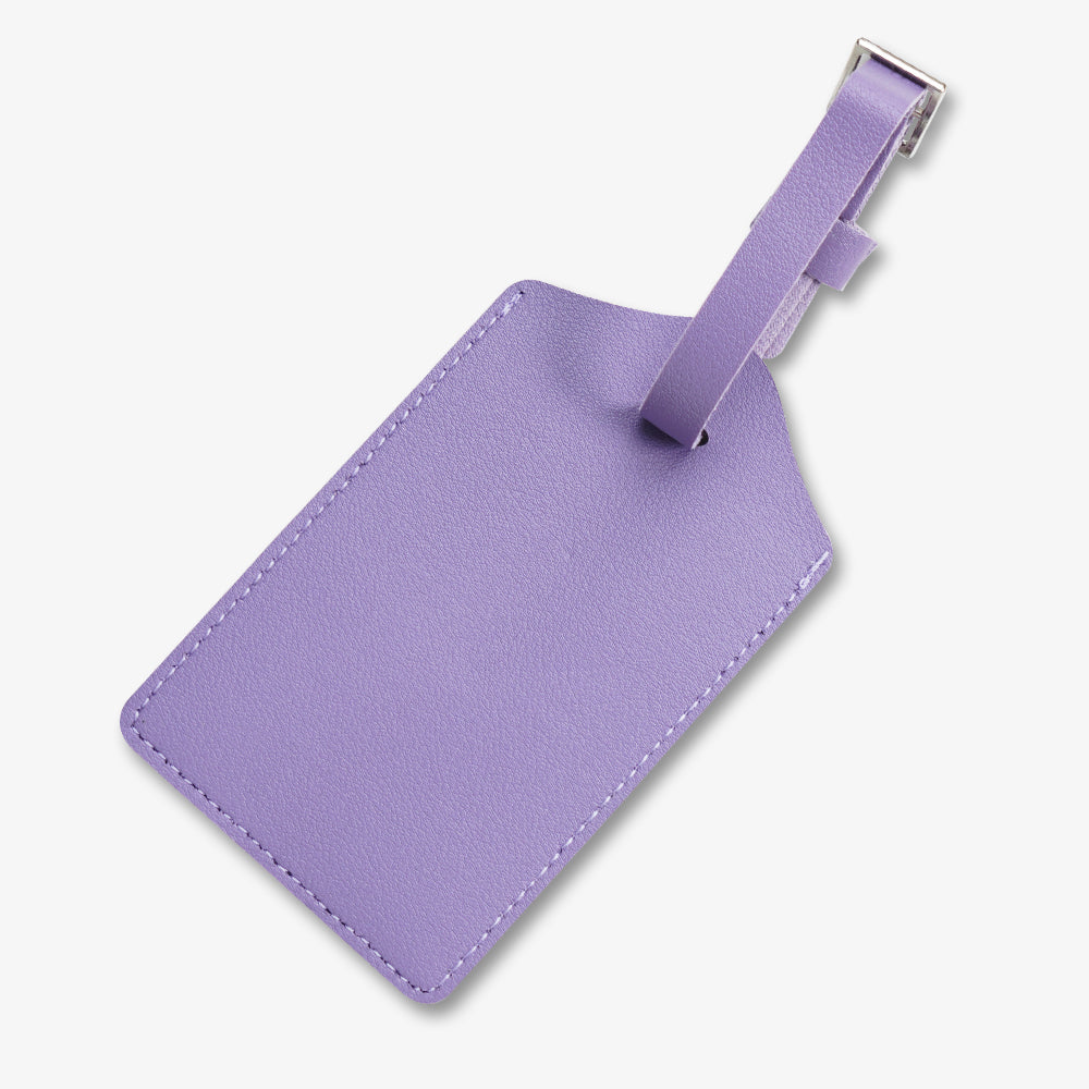 Lavender PU leather luggage tag with neat white contrast stitching and silver metal buckle strap