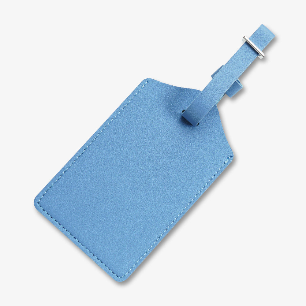 Light blue PU leather luggage tag with neat matching stitching and adjustable strap, blank travel ID tag for suitcases