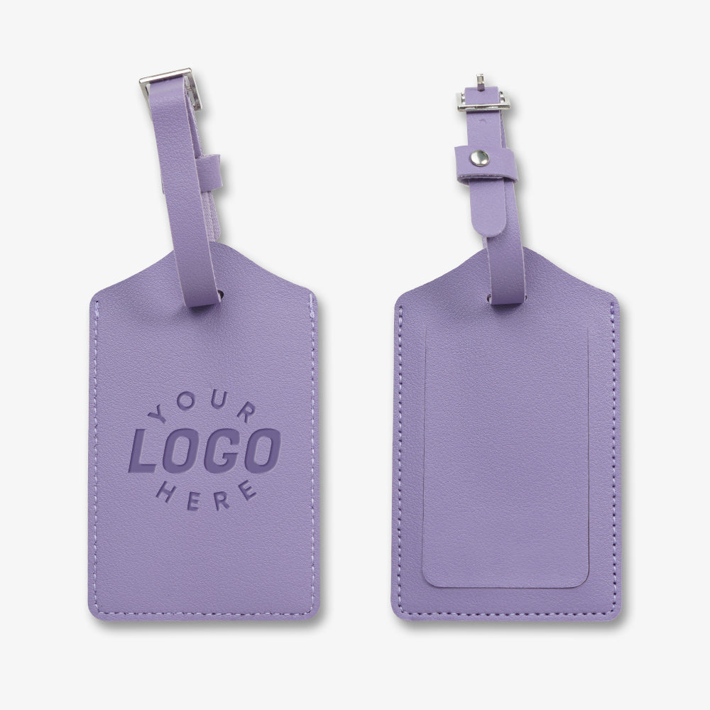 Lavender PU leather luggage tags, displaying front custom embossed logo space and back hidden ID card pocket