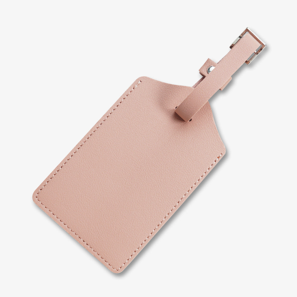 Light pink PU leather luggage tag with neat edge stitching and silver metal buckle strap