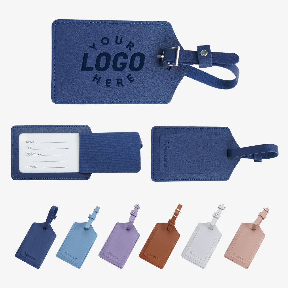 PU leather luggage tags with custom logo space, multiple color options and hidden name ID card slot