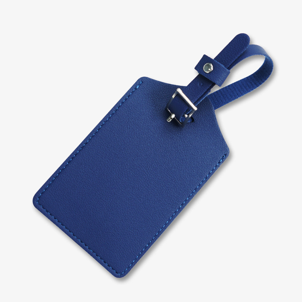Royal blue PU leather luggage tag with neat edge stitching and adjustable metal buckle strap