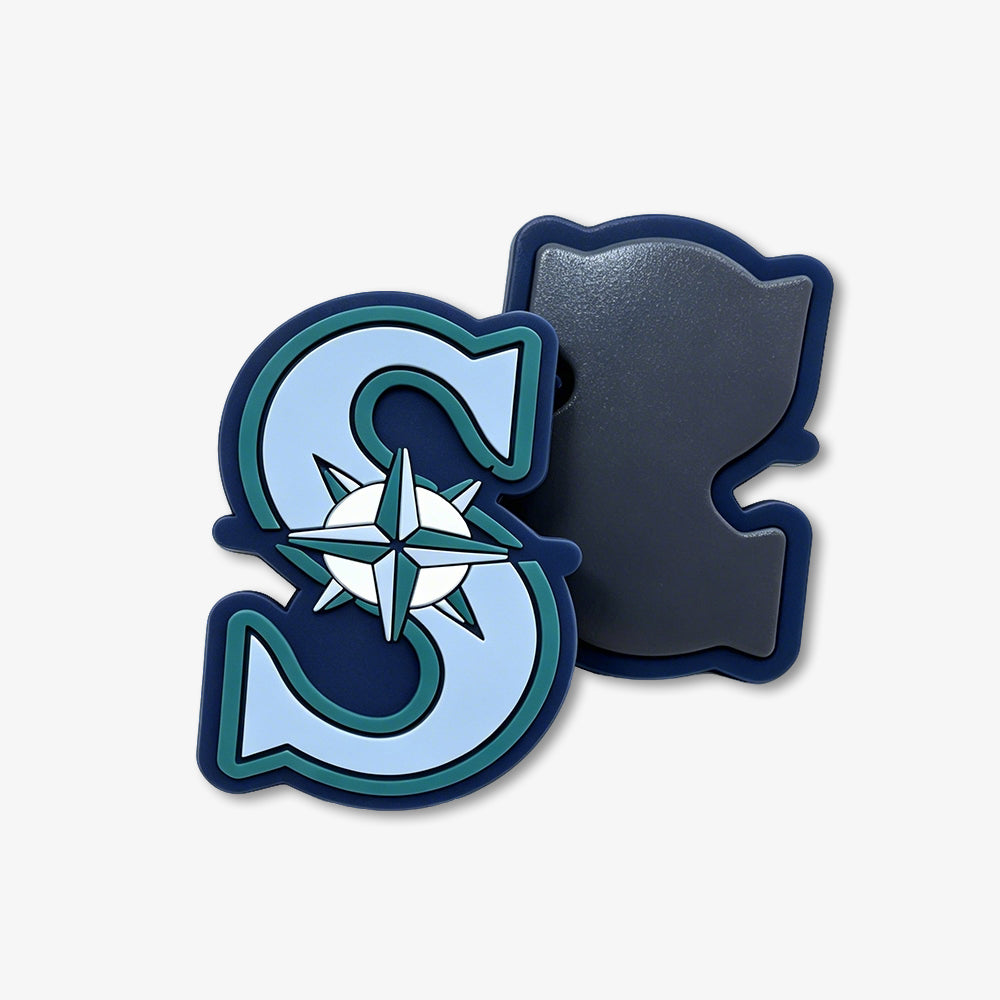 PVC fridge magnet with Seattle Mariners S compass logo, showing front decorative design and dark magnetic back