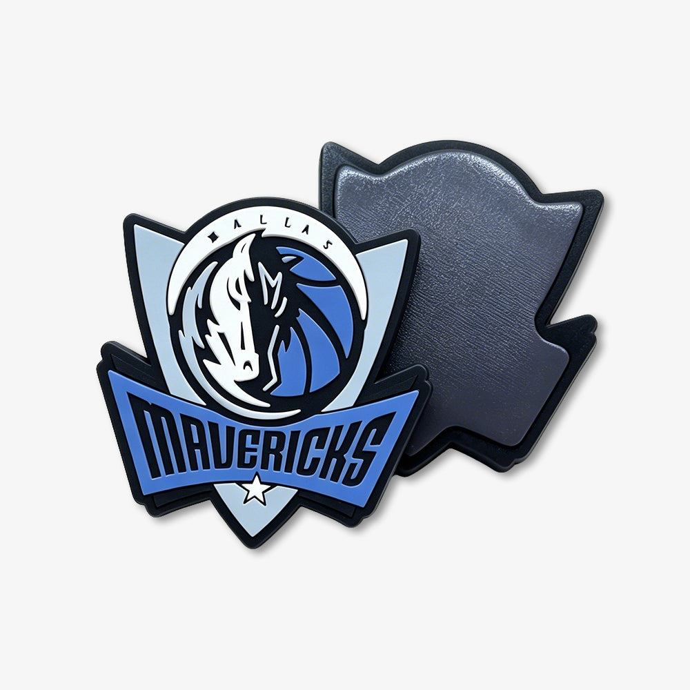 PVC fridge magnet with Dallas Mavericks team logo, showing front emblem and back magnetic surface in blue, white and black tones