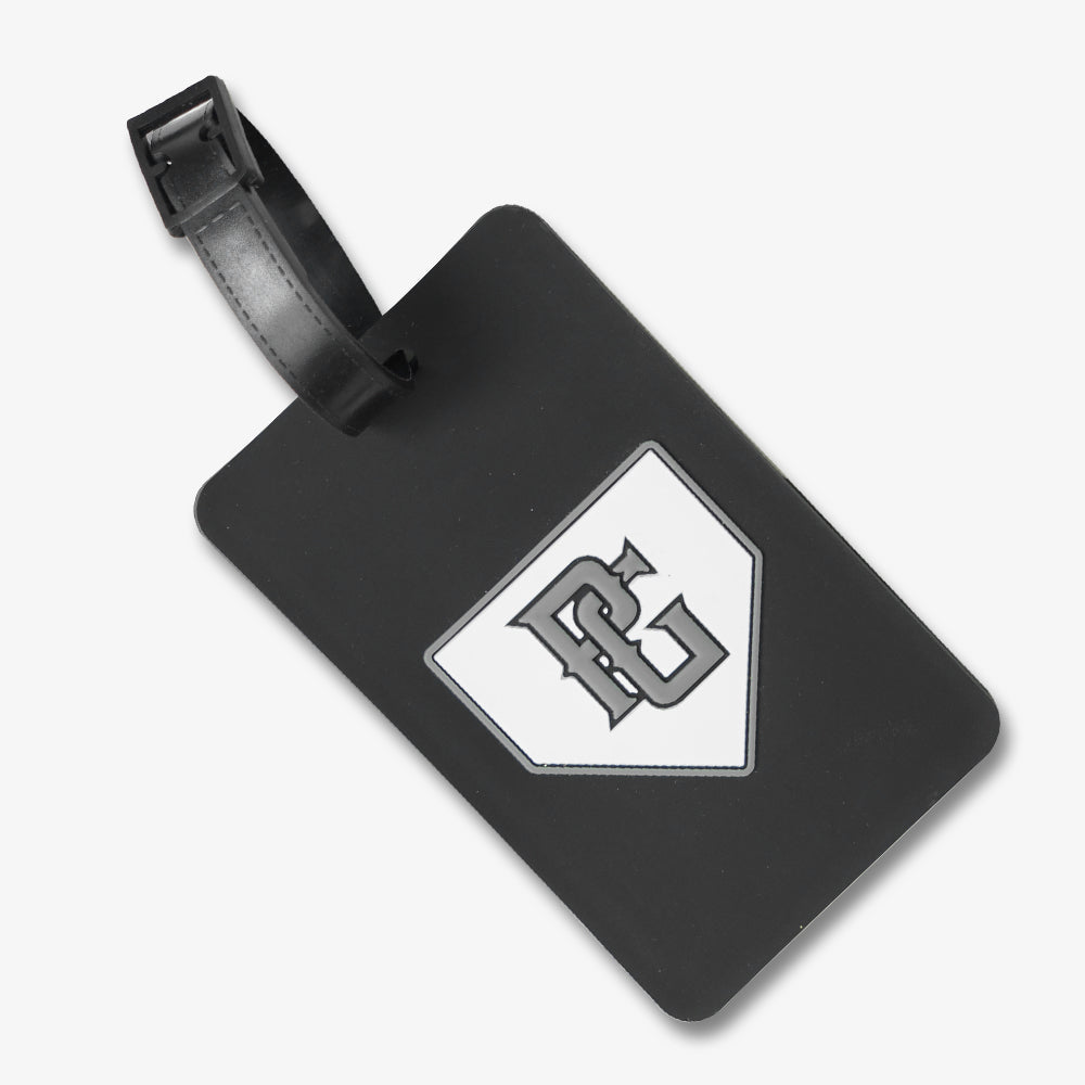 Black PVC luggage tag with stitched strap, custom PG monogram on white diamond patch