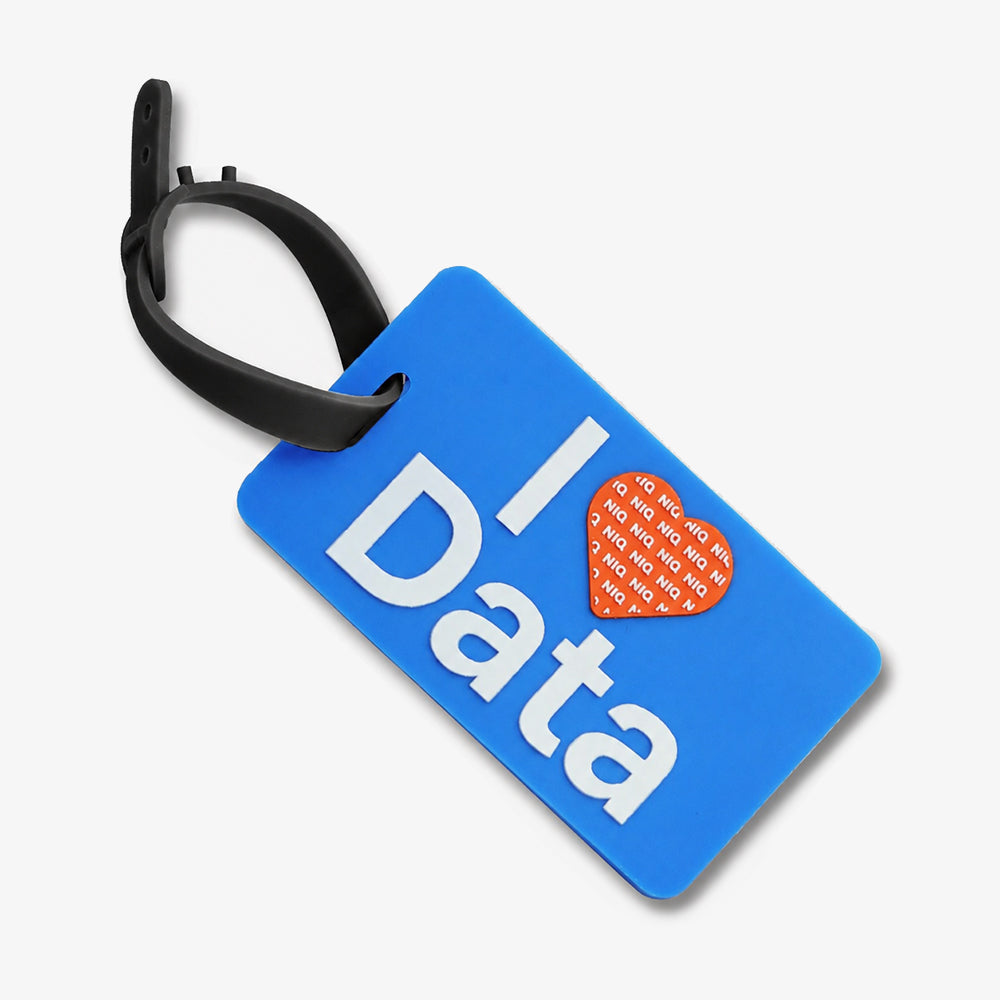 PVC luggage tag in bright blue with black strap, embossed "I love Data" lettering and orange heart design