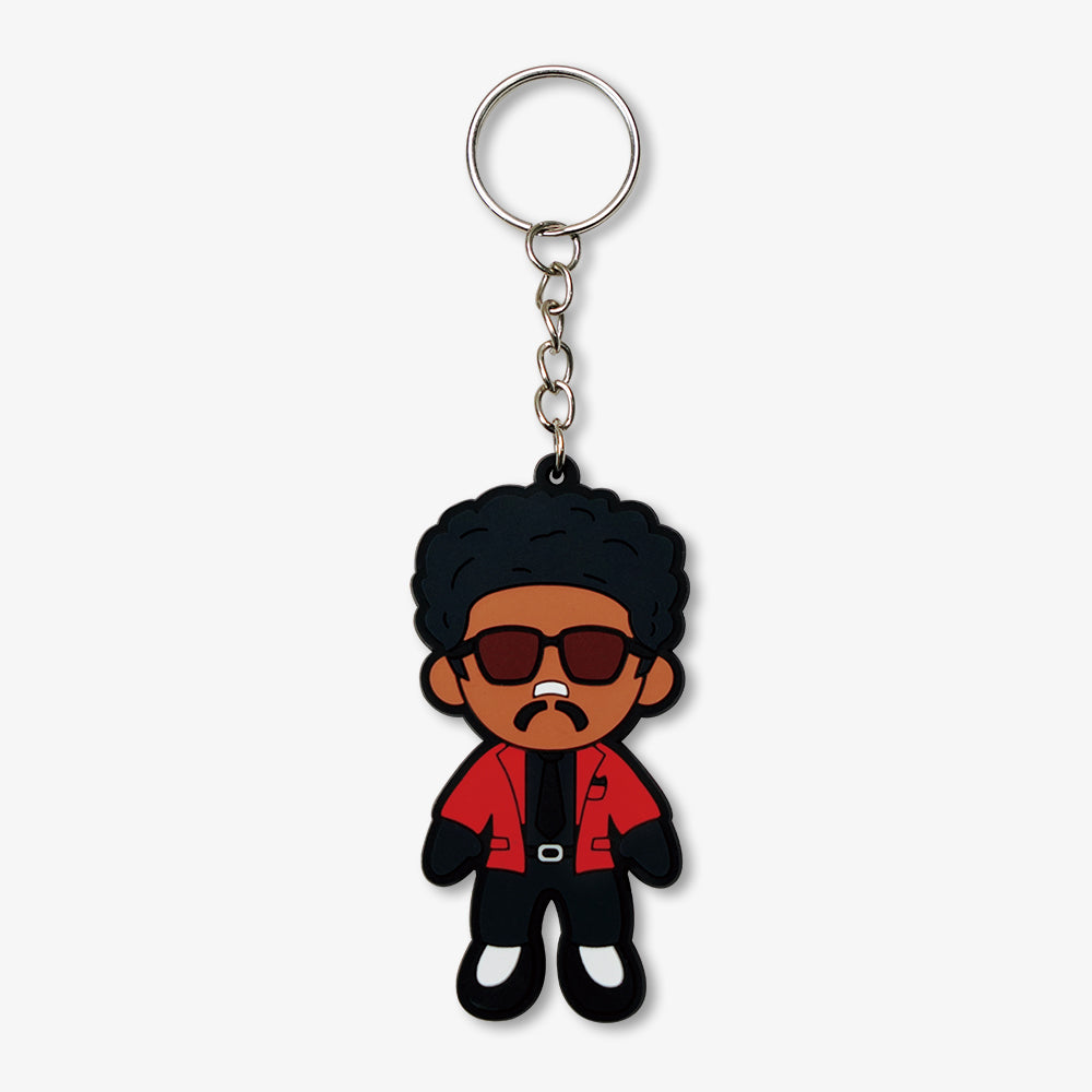 PVC Rubber Keychain featuring a cute cartoon man with afro hair, sunglasses, red jacket and silver metal key ring