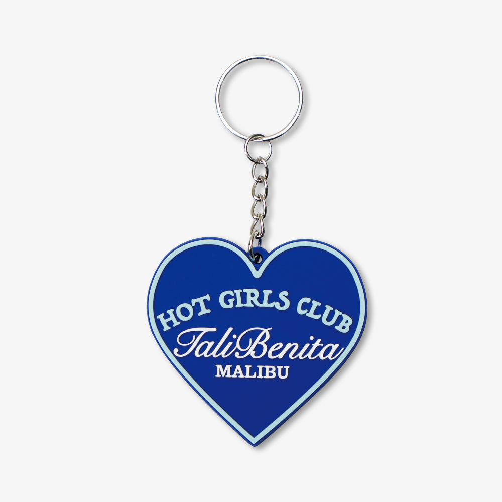 PVC rubber keychain, blue heart-shaped printed with "Hot Girls Club Malibu" text, attached with silver metal key ring
