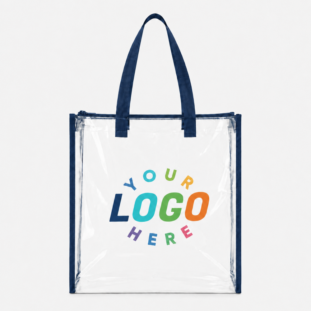 Clear PVC tote bag with navy blue handles and zipper, customizable for your personalized brand logo