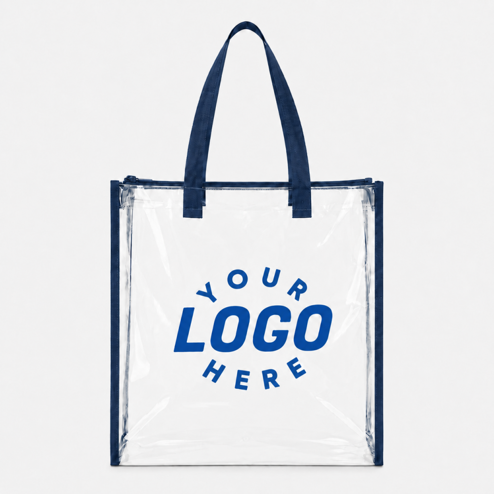 Custom clear PVC tote bag with navy blue handles, zipper top, reserved space for your personalized brand logo