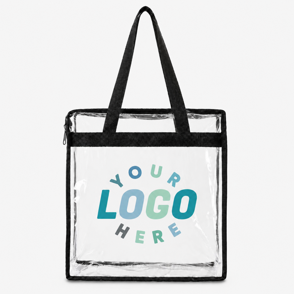 Clear PVC tote bag with zipper, black woven trim and handles, custom logo print placeholder