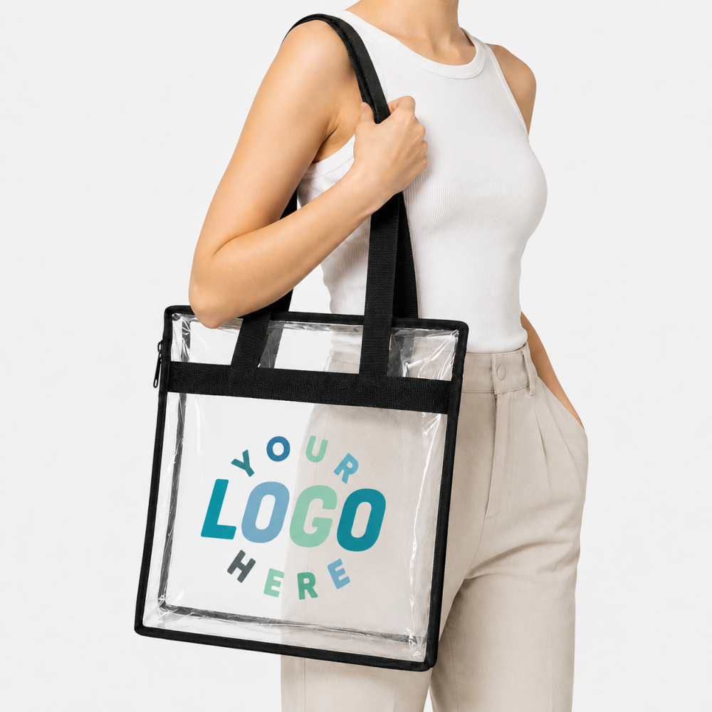 Clear PVC tote bag with zipper, black trim and handles, custom logo mockup, carried by a woman