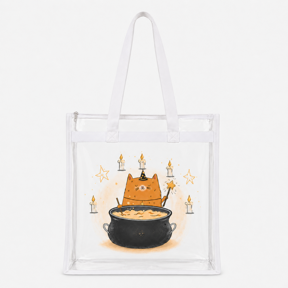 Clear PVC tote bag with zipper and white handles, printed with cute wizard orange cat making potion cartoon design