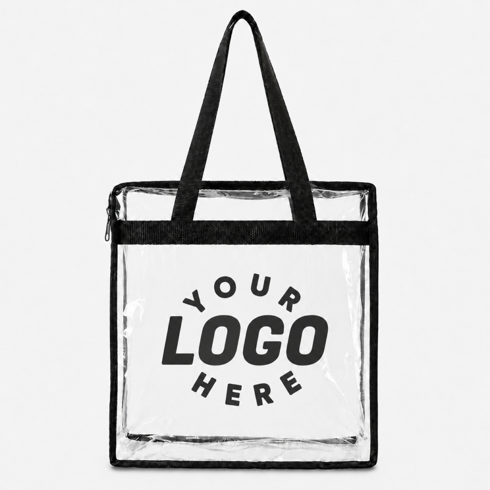 Clear PVC tote bag with zipper, black woven handles and trim, reserved custom logo printable area