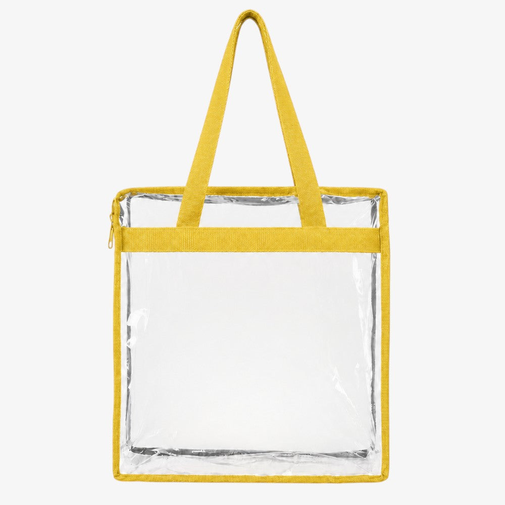 Clear PVC tote bag with zipper, featuring bright yellow canvas trim and matching sturdy top handles