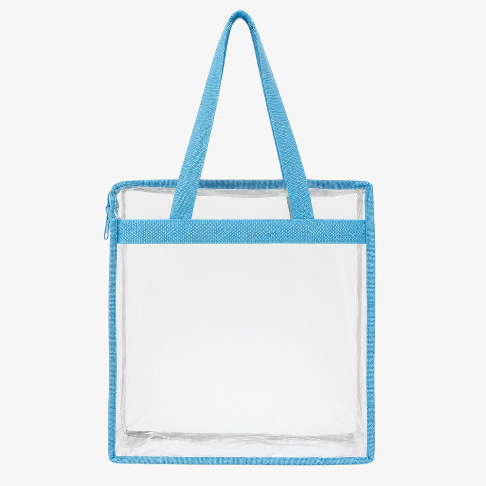 Clear PVC tote bag with zipper, transparent see-through body with light blue fabric trim and matching top handles