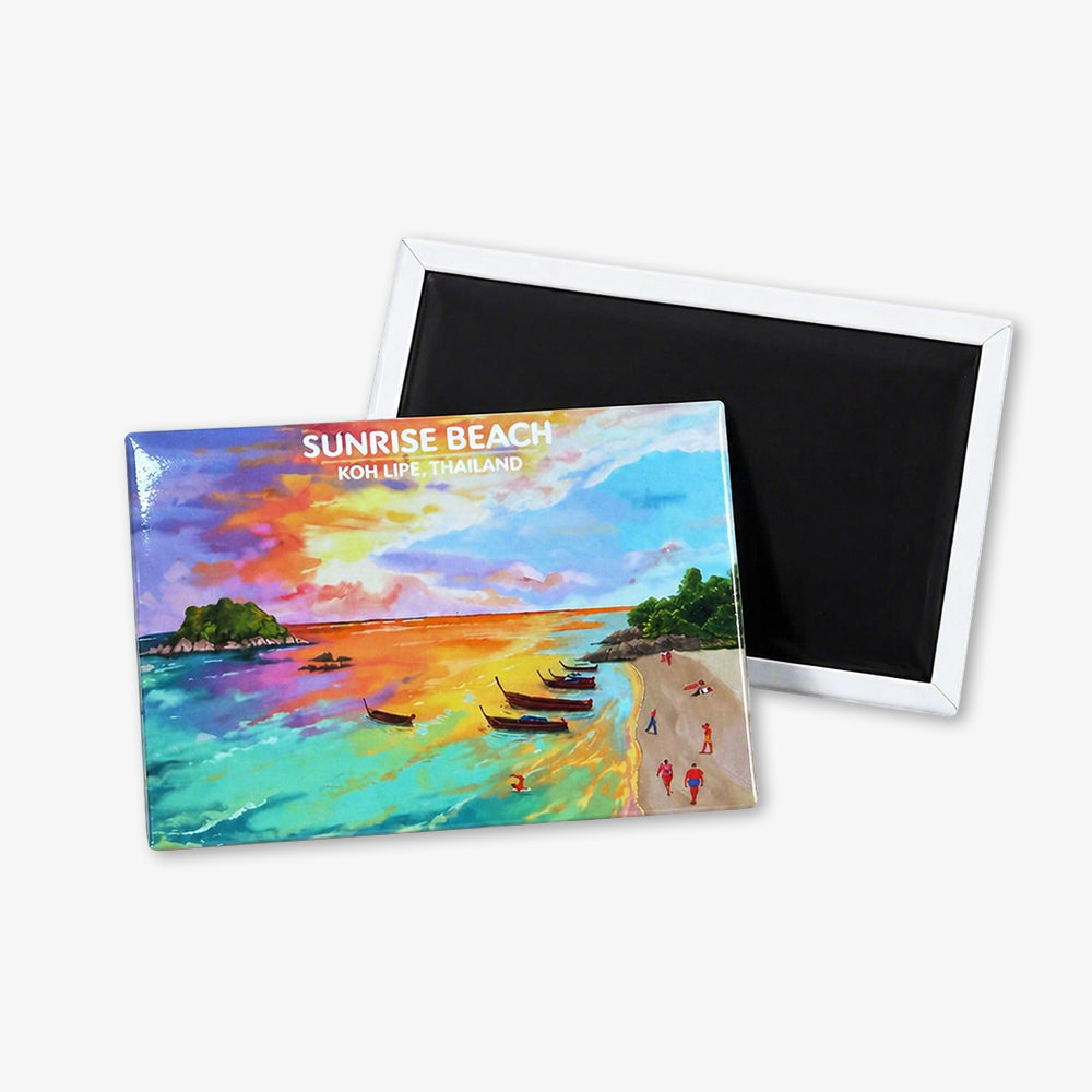 Rectangle fridge magnets with colorful watercolor Sunrise Beach Koh Lipe Thailand print, showing decorative front art side and black magnetic back