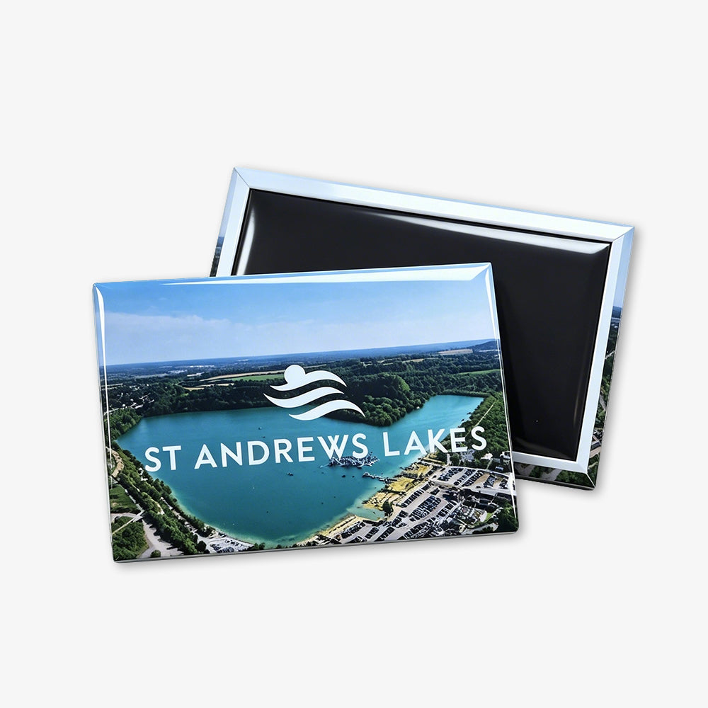 Rectangle fridge magnets printed with St Andrews Lakes aerial landscape, showing front scenic design and black magnetic back