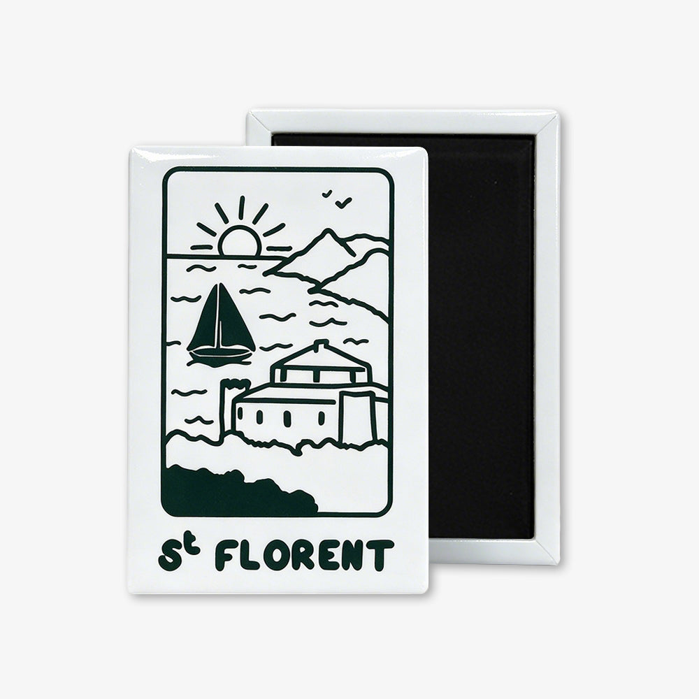 Rectangle fridge magnet printed with St Florent coastal sailboat line art, showing front decorative side and black magnetic back
