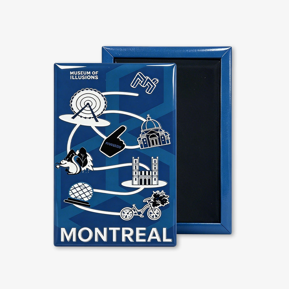 Rectangle fridge magnet featuring blue Montreal city landmark illustration, Museum of Illusions souvenir