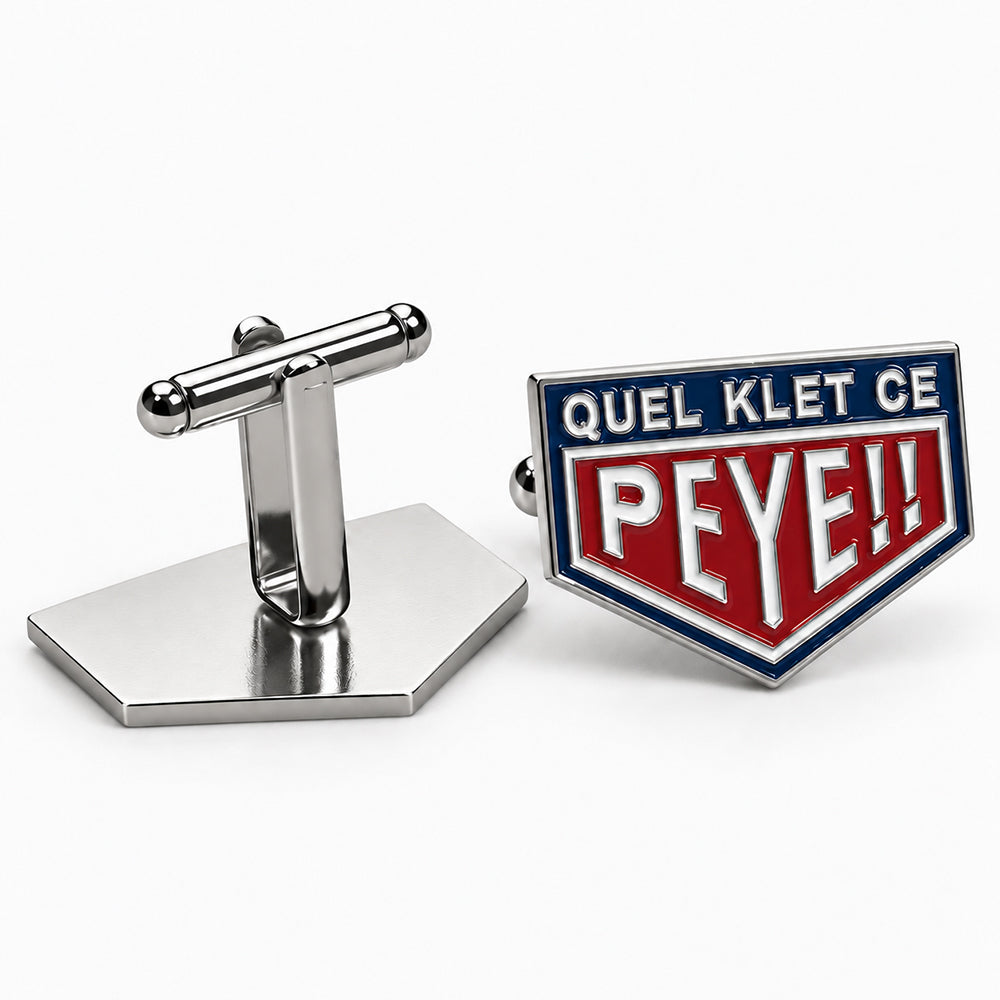 Soft enamel cufflinks with a shield-shaped red and blue design, silver-toned metal frame and toggle fastener