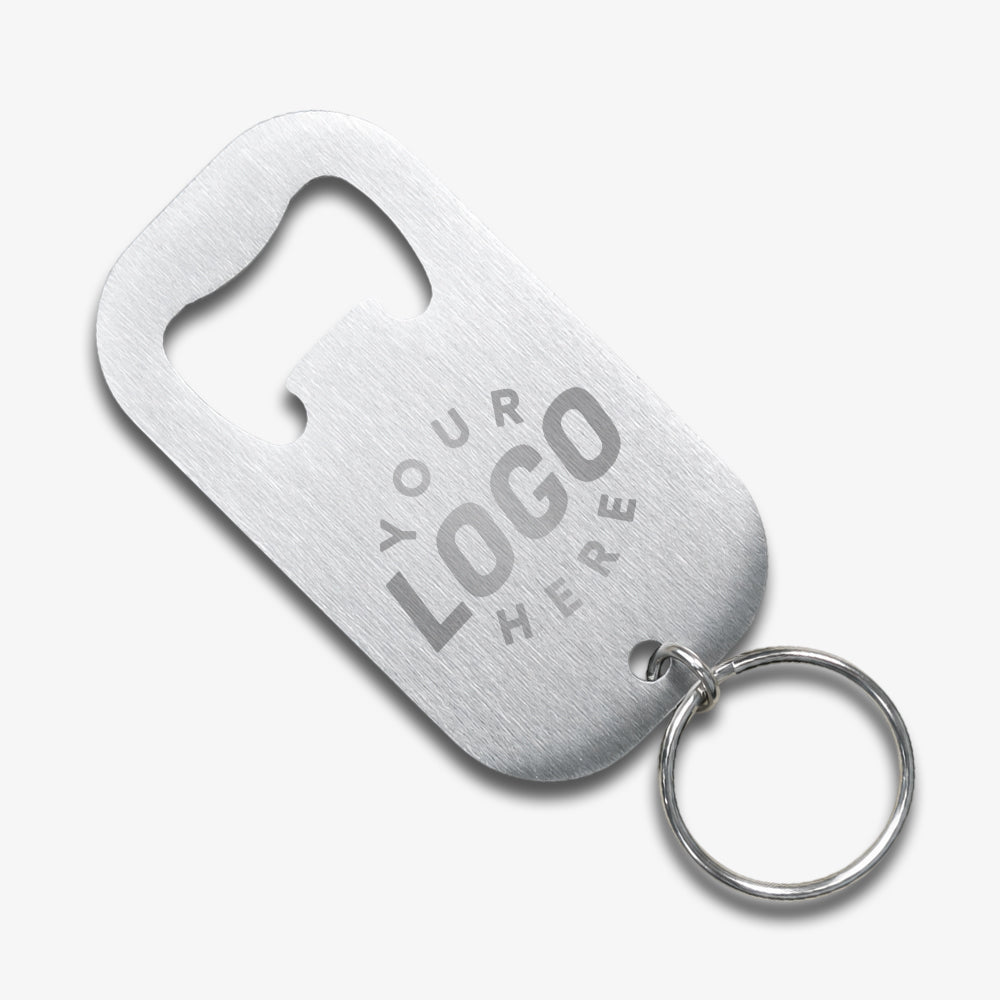 Stainless Steel Key Ring Bottle Opener, brushed silver finish with custom engraved logo placeholder, rounded dog tag shape