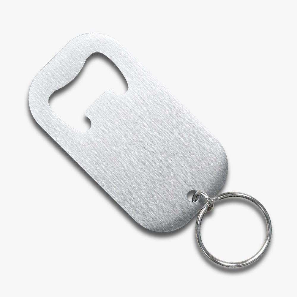 Stainless steel key ring bottle opener, brushed silver dog tag shaped plain unmarked design