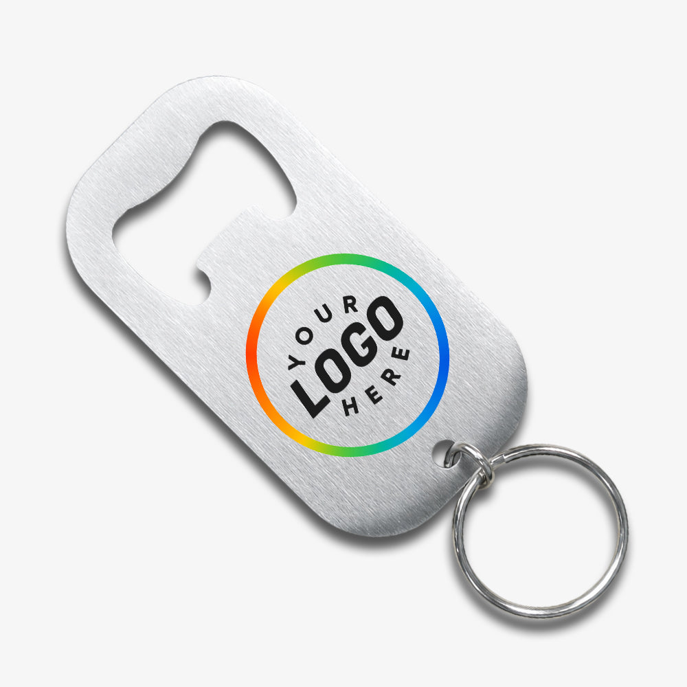 Brushed silver stainless steel key ring bottle opener with custom logo placeholder and attached metal key ring