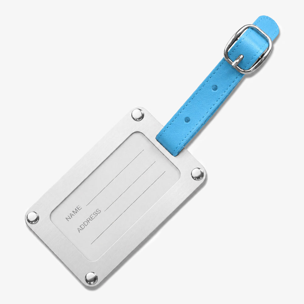Stainless Steel luggage tag with bright blue adjustable leather strap, name and address fill-in panel