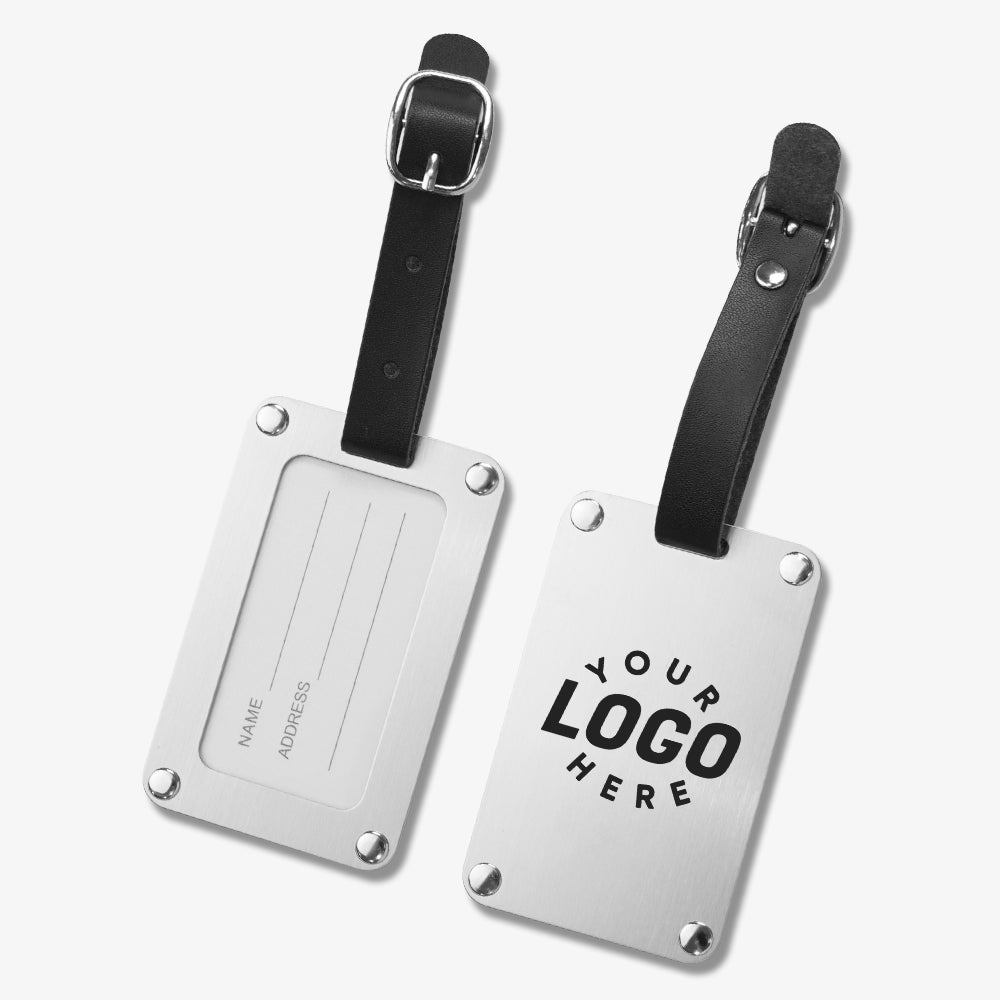 Stainless Steel Luggage Tags with black leather straps, custom logo space and name address writing panel