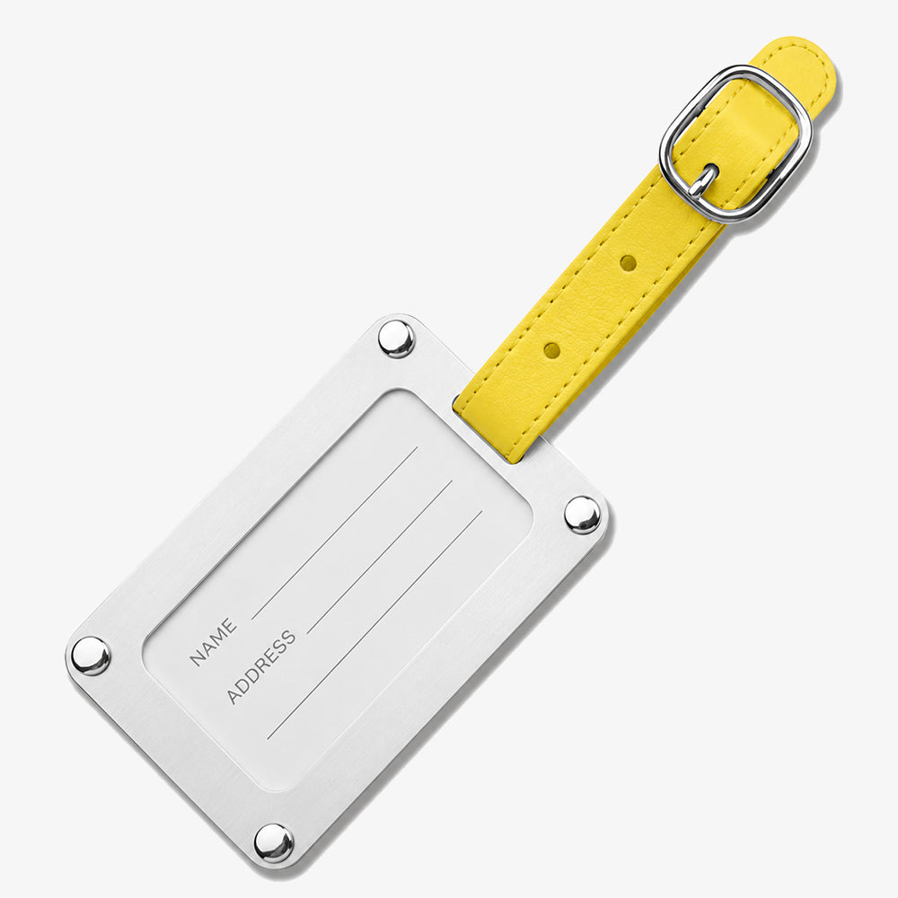 Stainless Steel Luggage Tag with bright yellow leather strap, name and address label window, polished silver rivets