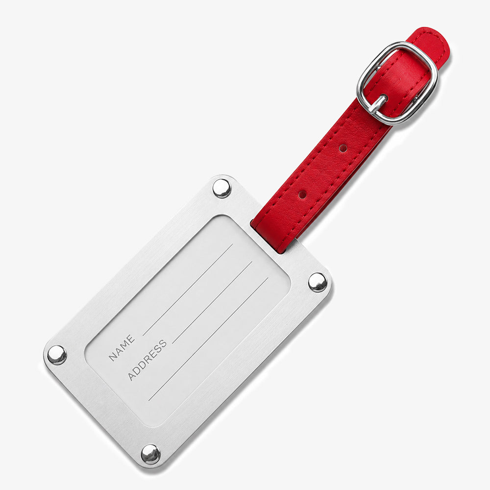 Stainless Steel Luggage Tag with red leather adjustable strap, reserved name and address writing panel, brushed silver metal finish