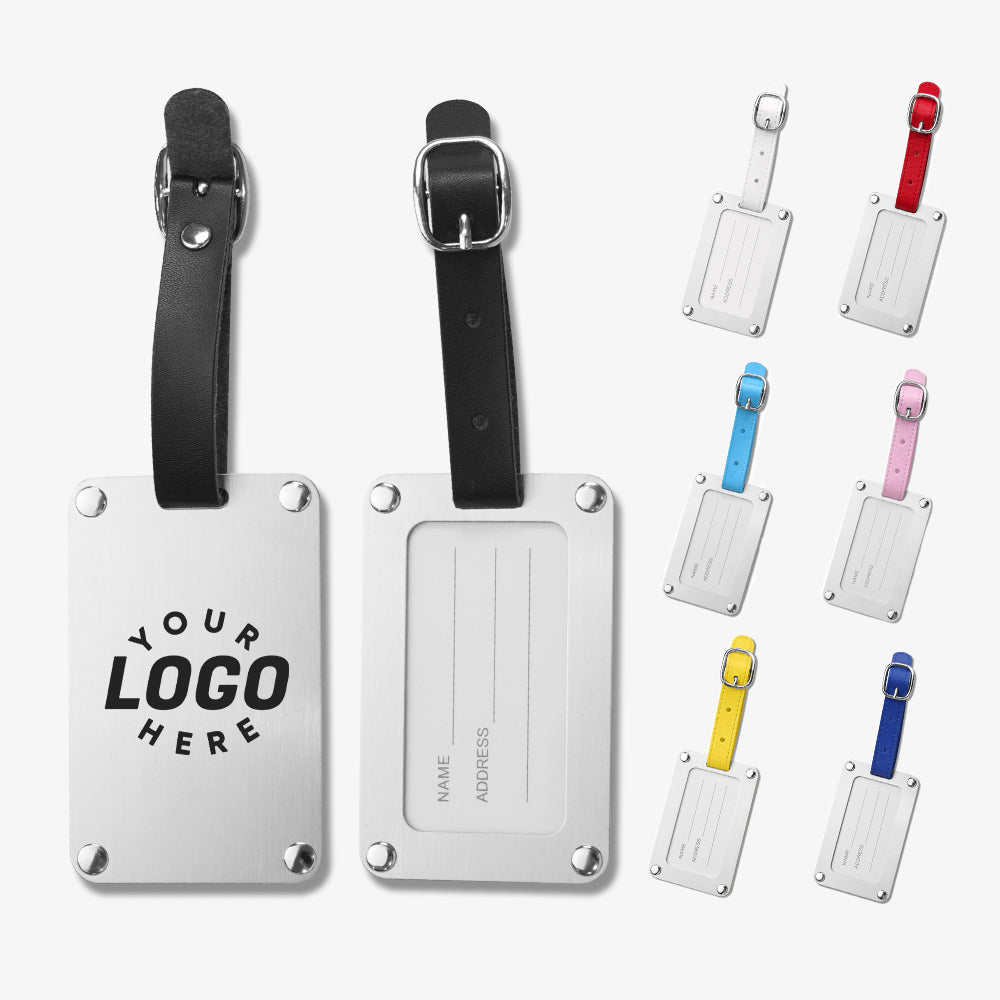 Stainless steel luggage tags with custom logo option, assorted colorful leather straps and name address slot