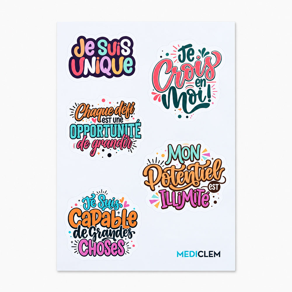 Sticker sheet with five colorful die-cut stickers featuring playful multicolored lettering and decorative accents