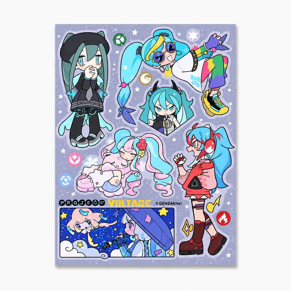 Sticker sheet featuring six colorful anime-style characters with vibrant hair, expressive poses, and decorative accessories on a starry lavender background